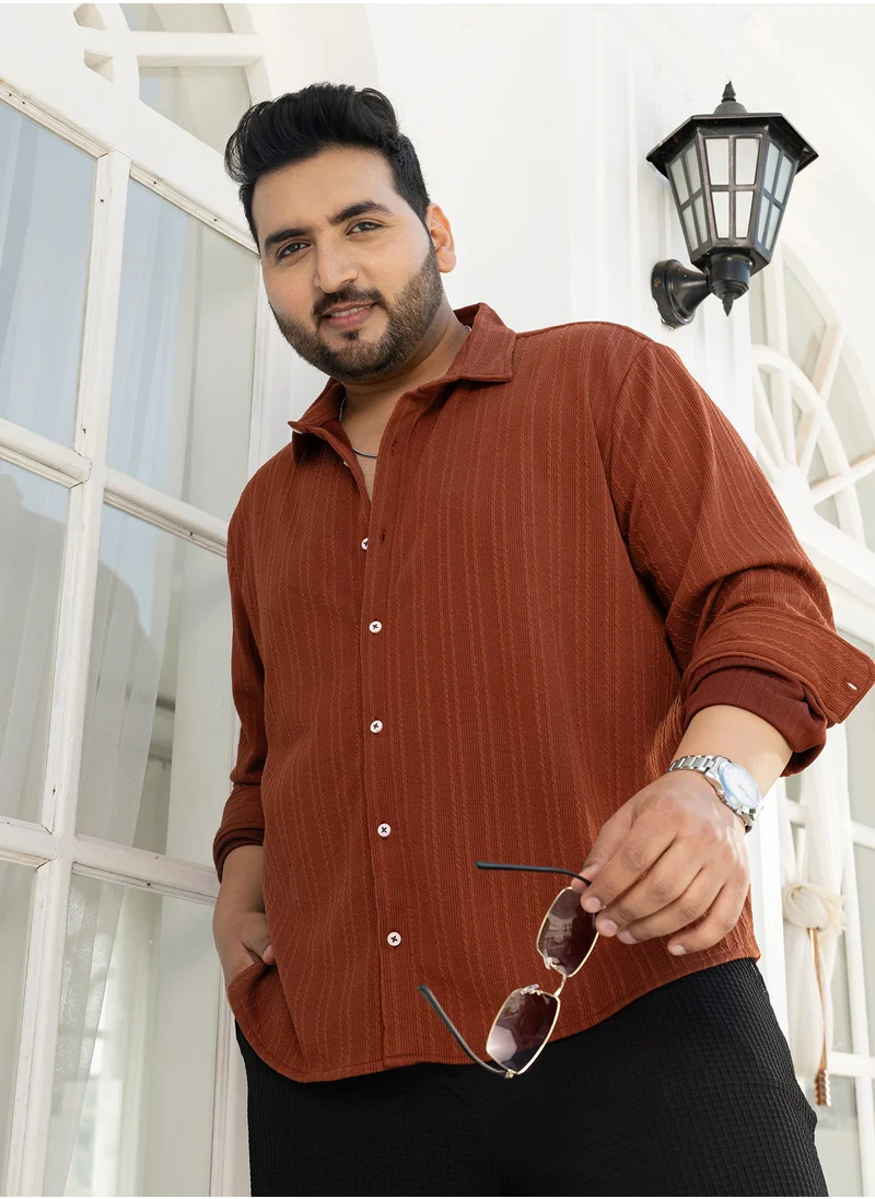 انستافاب بلس Instafab Plus Men's Russet Brown Ribbed-Rope Tactile Shirt For Casual Wear | Spread Collar | Long Cuffed Sleeves | Button Closure | Plus Size Shirt Crafted With Comfort Fit For Everyday Wear