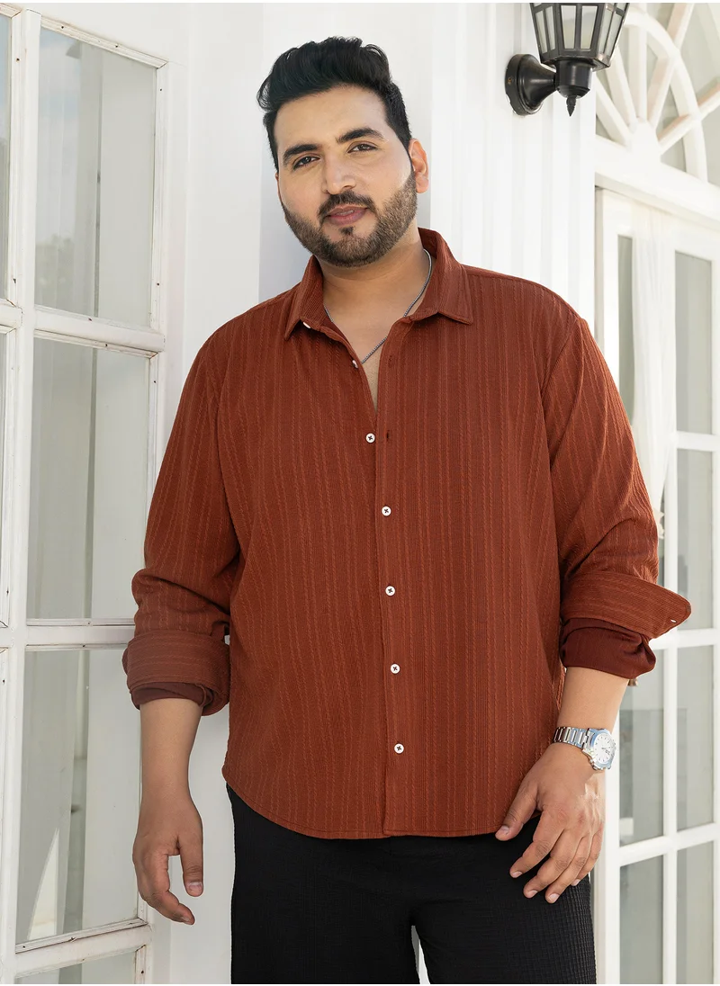 انستافاب بلس Instafab Plus Men's Russet Brown Ribbed-Rope Tactile Shirt For Casual Wear | Spread Collar | Long Cuffed Sleeves | Button Closure | Plus Size Shirt Crafted With Comfort Fit For Everyday Wear
