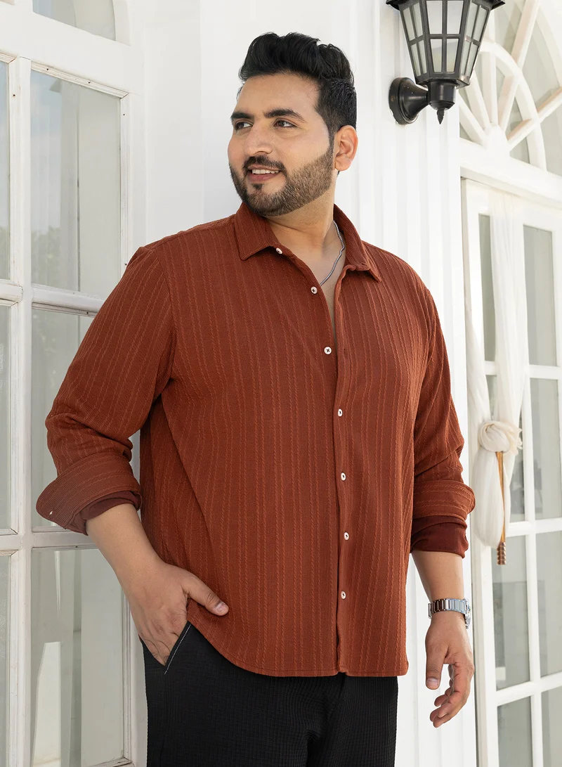 Instafab Plus Instafab Plus Men's Russet Brown Ribbed-Rope Tactile Shirt For Casual Wear | Spread Collar | Long Cuffed Sleeves | Button Closure | Plus Size Shirt Crafted With Comfort Fit For Everyday Wear