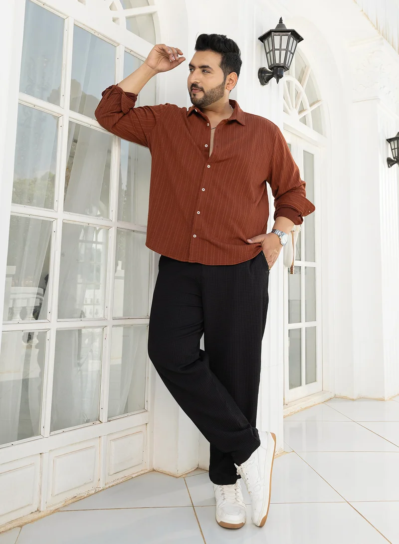 Instafab Plus Instafab Plus Men's Russet Brown Ribbed-Rope Tactile Shirt For Casual Wear | Spread Collar | Long Cuffed Sleeves | Button Closure | Plus Size Shirt Crafted With Comfort Fit For Everyday Wear
