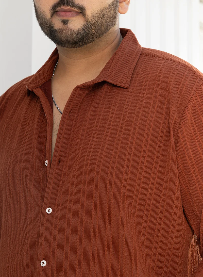 Instafab Plus Instafab Plus Men's Russet Brown Ribbed-Rope Tactile Shirt For Casual Wear | Spread Collar | Long Cuffed Sleeves | Button Closure | Plus Size Shirt Crafted With Comfort Fit For Everyday Wear