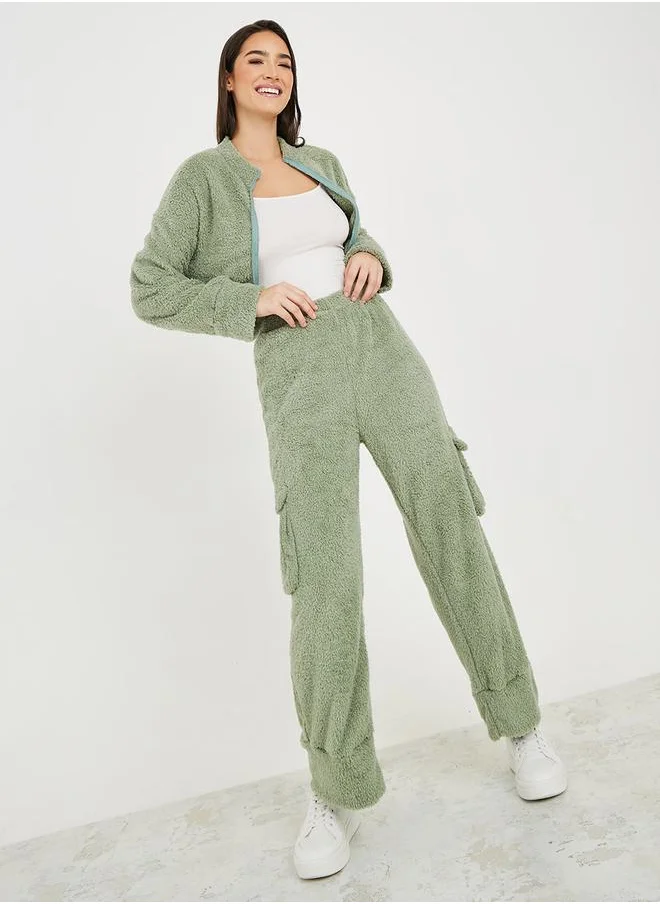 ستايلي Fleece Zip Through Jacket & Wide Leg Pocket Trouser Lounge Set