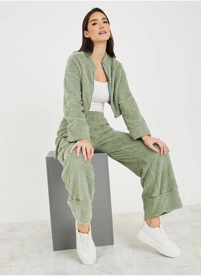 ستايلي Fleece Zip Through Jacket & Wide Leg Pocket Trouser Lounge Set