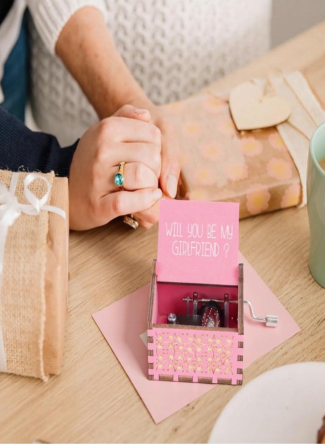 PATPAT® Wooden Music Box, "Will You Be My Girlfriend" Engraved Vintage Music Box Gift for Girlfriend Desk Decor, Hand Crank Vintage Musical Toy, Pink 6.4x5.2x4.2cm - Image 5