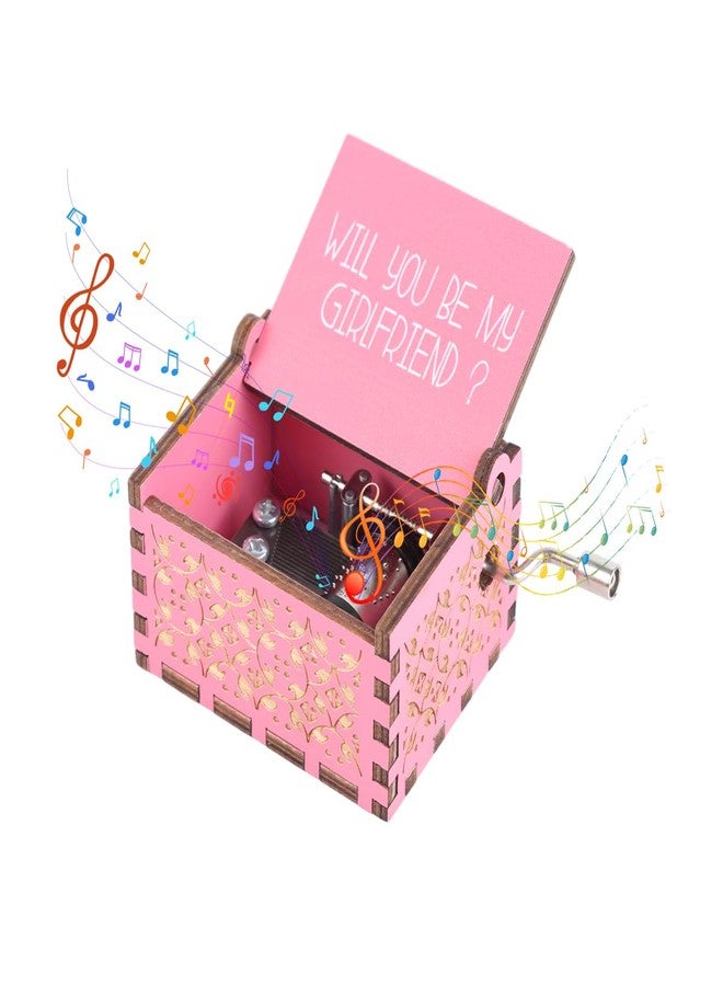 PATPAT® Wooden Music Box, "Will You Be My Girlfriend" Engraved Vintage Music Box Gift for Girlfriend Desk Decor, Hand Crank Vintage Musical Toy, Pink 6.4x5.2x4.2cm - Image 1