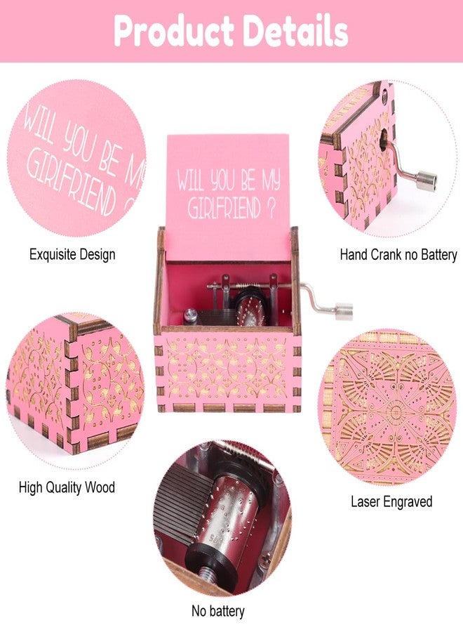 PATPAT® Wooden Music Box, "Will You Be My Girlfriend" Engraved Vintage Music Box Gift for Girlfriend Desk Decor, Hand Crank Vintage Musical Toy, Pink 6.4x5.2x4.2cm - Image 3