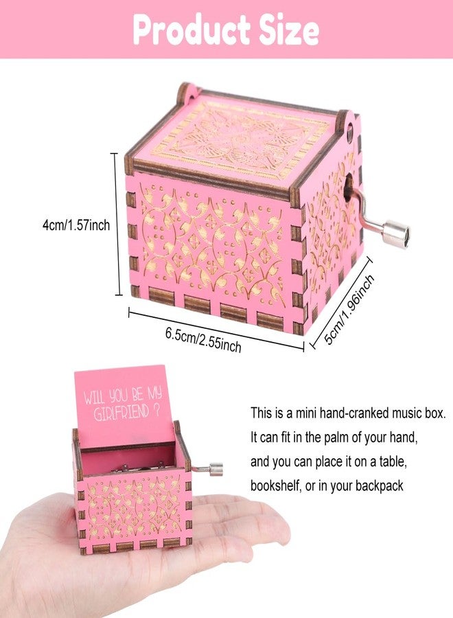 PATPAT® Wooden Music Box, "Will You Be My Girlfriend" Engraved Vintage Music Box Gift for Girlfriend Desk Decor, Hand Crank Vintage Musical Toy, Pink 6.4x5.2x4.2cm - Image 2