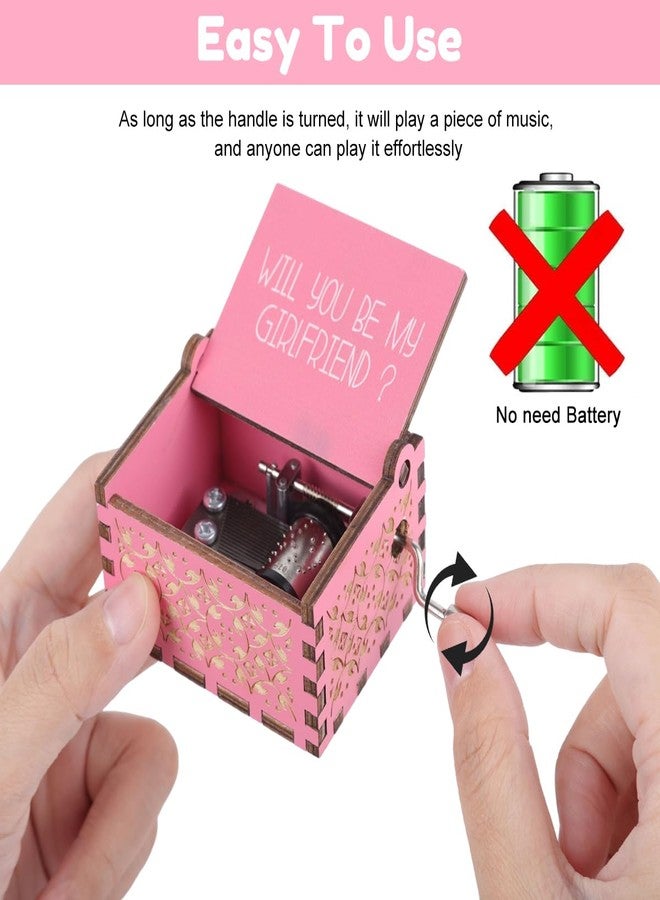 PATPAT® Wooden Music Box, "Will You Be My Girlfriend" Engraved Vintage Music Box Gift for Girlfriend Desk Decor, Hand Crank Vintage Musical Toy, Pink 6.4x5.2x4.2cm - Image 4