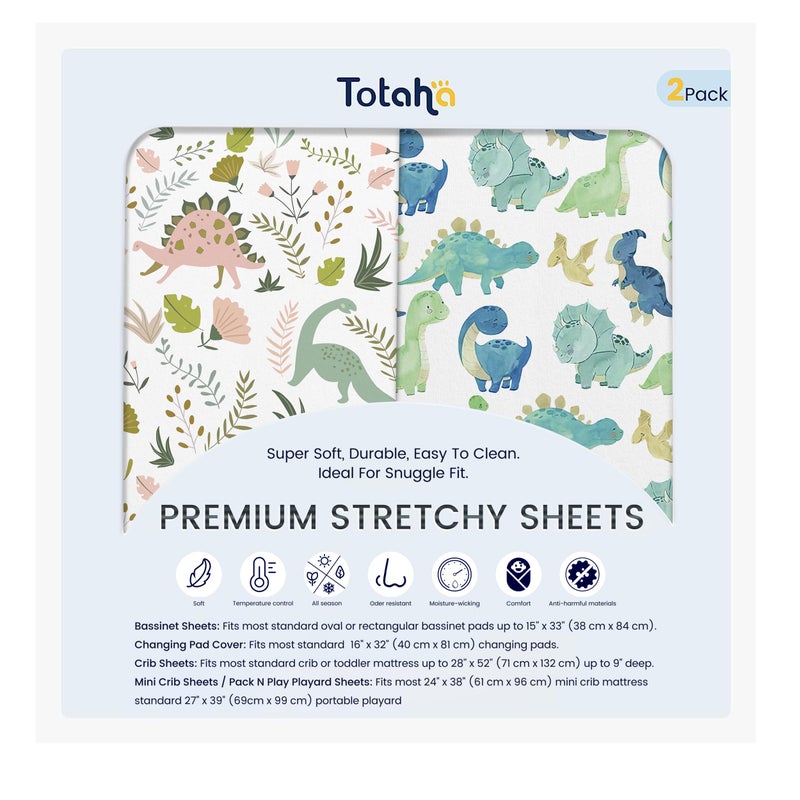 TotAha Dinosaur Crib Sheets for Boys Premium Soft Crib Mattress Fitted Sheet Ultra Breathable Baby Sheets Super Stretchy Baby Bed Sheets 28x52x9 Extra Deep Pocket 2 Pack - Image 2