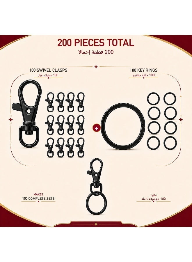 كيامور KeyAmor طقم 200 قطعة أدوات علاقات مفاتيح DIY أسود مع مشابك دوارة وحلقات تقسيم وسلاسل وحلقات فتح - Image 2