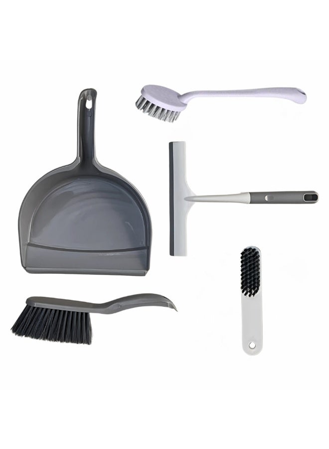 VIO Assorted Grey Color 5 in 1 Multipurpose Cleaning Brush Set with Handle Home Kitchen Cleaning Brushes 5 Piece Dustpan Set with Dust Brush Scrub Brush Dish Brush Squeegee Household Cleaning Tools - Image 1