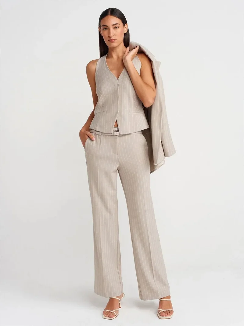 ديلفين Dilvin Striped Straight-leg Belted Trousers