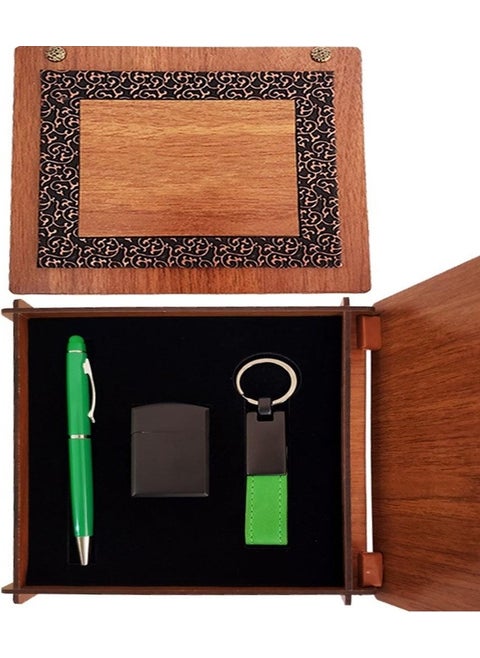 Wooden Boxed Green Pen Keychain Lighter Set Gift