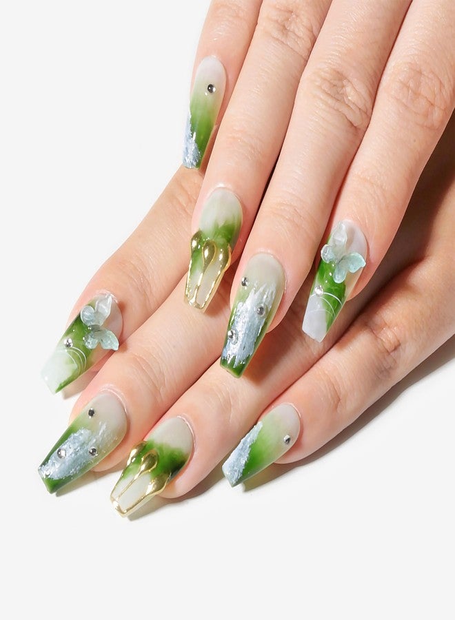 Sun&Beam Nails Handmade Press On Nail Medium Long Coffin Ballerina Green Flower Butterfly Fake Tip 3D Design Art Charms Cute with Storage Box 10 Pcs (009 S) - Image 3