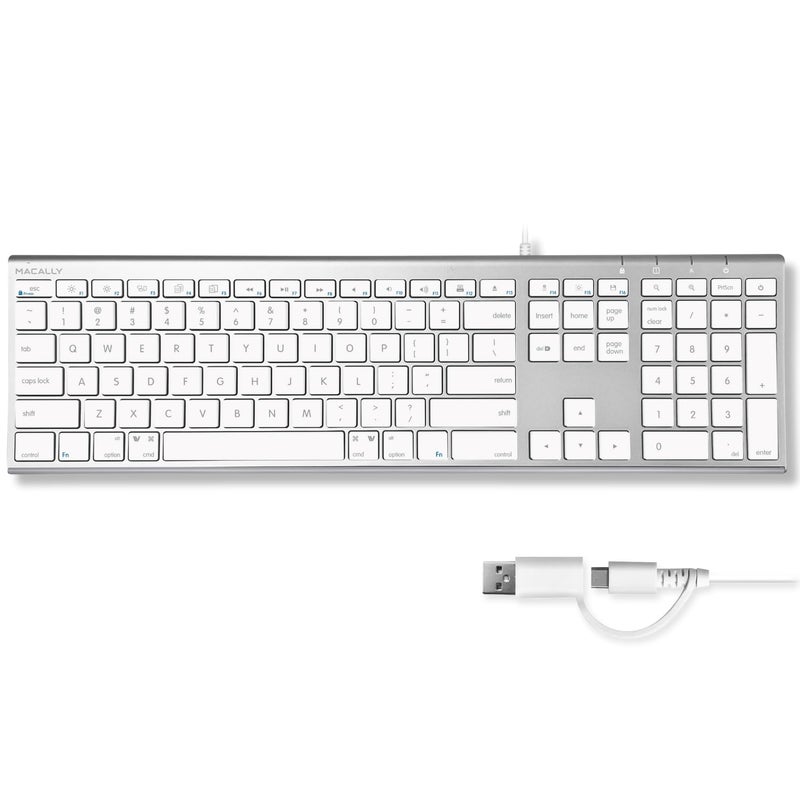 MACALLY ماكالي لوحة مفاتيح سلكية للماك (مُحسّنة بمخرج USB A + C مزدوج) - لوحة مفاتيح USB C - نحيفة للغاية، 20 اختصار، 110 مفتاح مقص - متوافقة مع Apple MacBook Pro/Air, Mac mini, iMac, iPad - فضي - Image 1