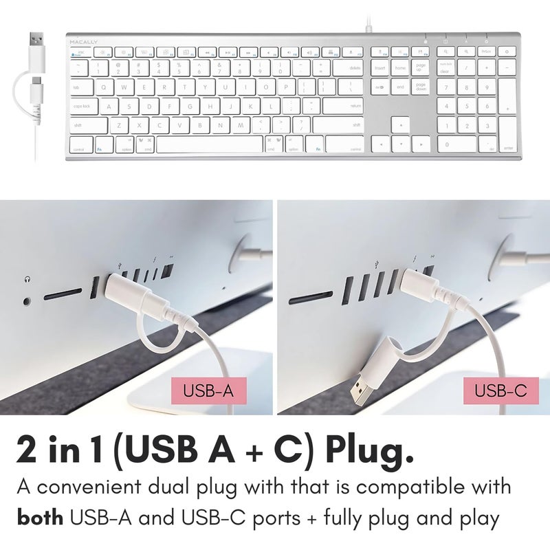 MACALLY ماكالي لوحة مفاتيح سلكية للماك (مُحسّنة بمخرج USB A + C مزدوج) - لوحة مفاتيح USB C - نحيفة للغاية، 20 اختصار، 110 مفتاح مقص - متوافقة مع Apple MacBook Pro/Air, Mac mini, iMac, iPad - فضي - Image 2