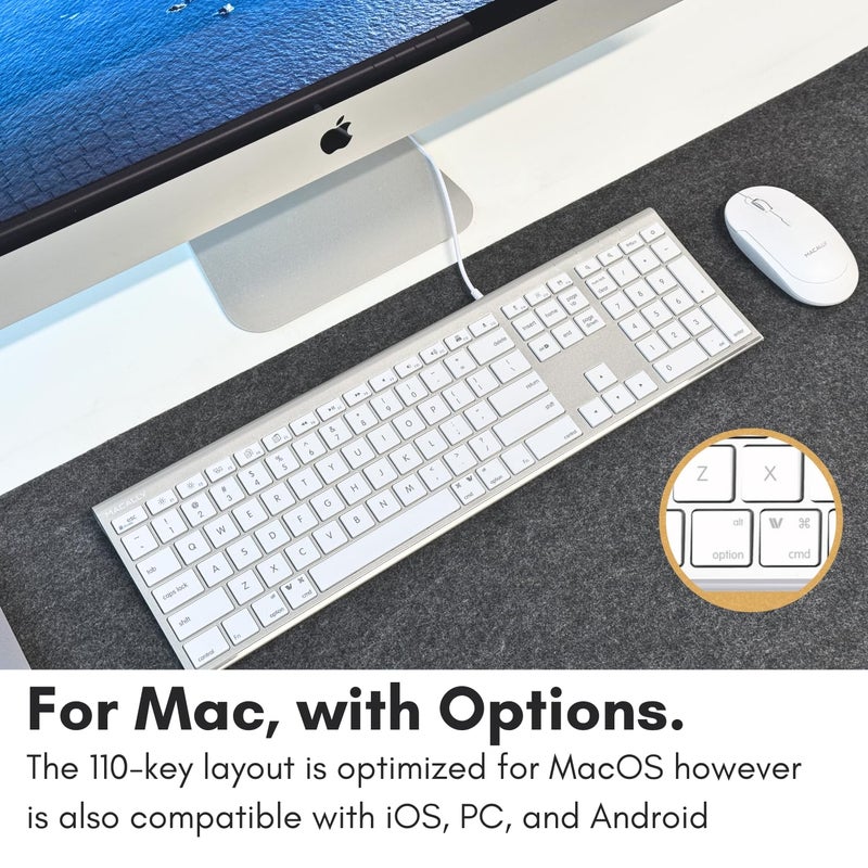MACALLY ماكالي لوحة مفاتيح سلكية للماك (مُحسّنة بمخرج USB A + C مزدوج) - لوحة مفاتيح USB C - نحيفة للغاية، 20 اختصار، 110 مفتاح مقص - متوافقة مع Apple MacBook Pro/Air, Mac mini, iMac, iPad - فضي - Image 3