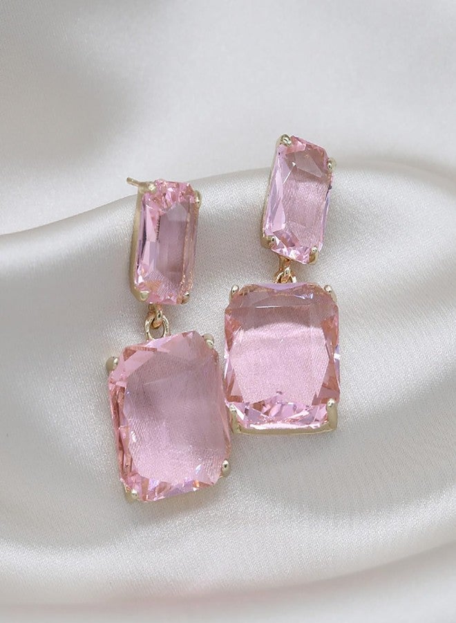 Aktully Square Crystal Dangle Earrings for Women Clear Rhinestone Statement Earrings Minimalist Geometric Rectangle Drop Dangle Earrings Prom Pageant Jewelry Birthday Gift for Women (Pink) - Image 3
