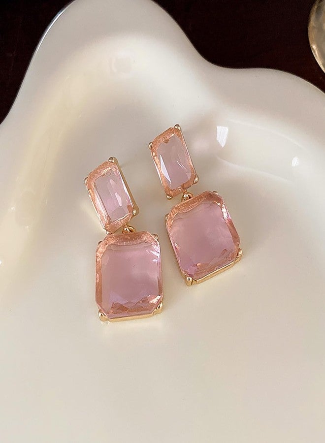 Aktully Square Crystal Dangle Earrings for Women Clear Rhinestone Statement Earrings Minimalist Geometric Rectangle Drop Dangle Earrings Prom Pageant Jewelry Birthday Gift for Women (Pink) - Image 5