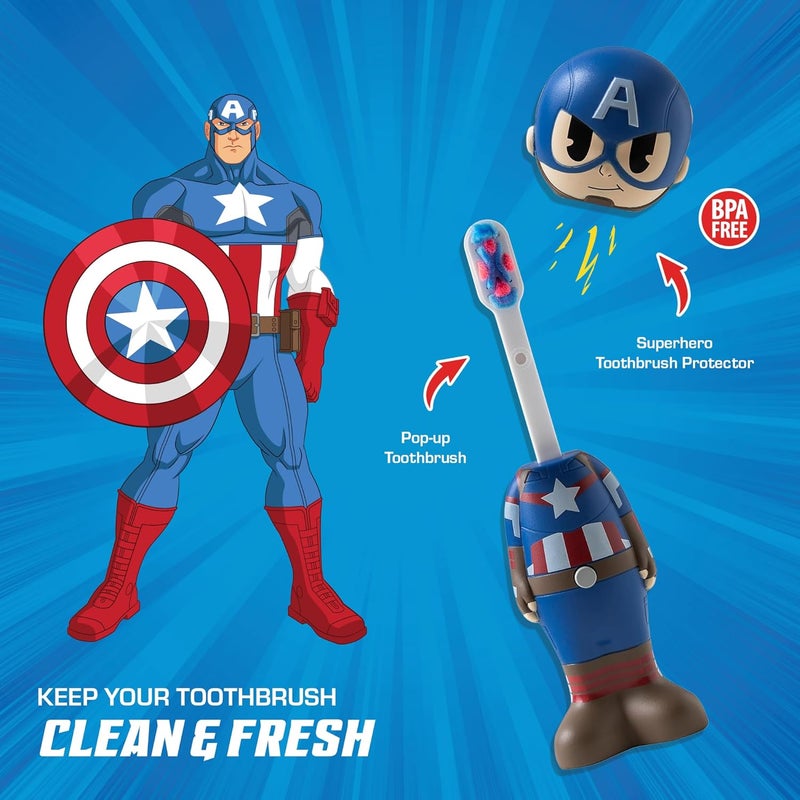 براش باديز فرشاة أسنان Marvel Captain America للأطفال، شعيرات ناعمة ومستديرة، غطاء مميز على شكل بطل خارق. - Image 2