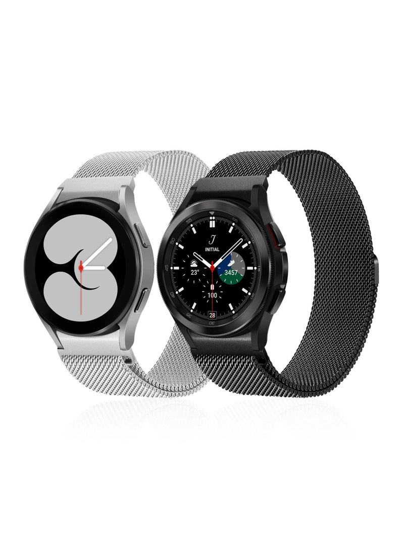 Y&D 2 Packs No Gap Metal Bands Compatible with Samsung Galaxy Watch 4 Band 40mm 44mm/ for Classic 42mm 44mm, Milanese Loop Stainless Steel Magnetic Strap Men Women, Black/Silver - Image 1