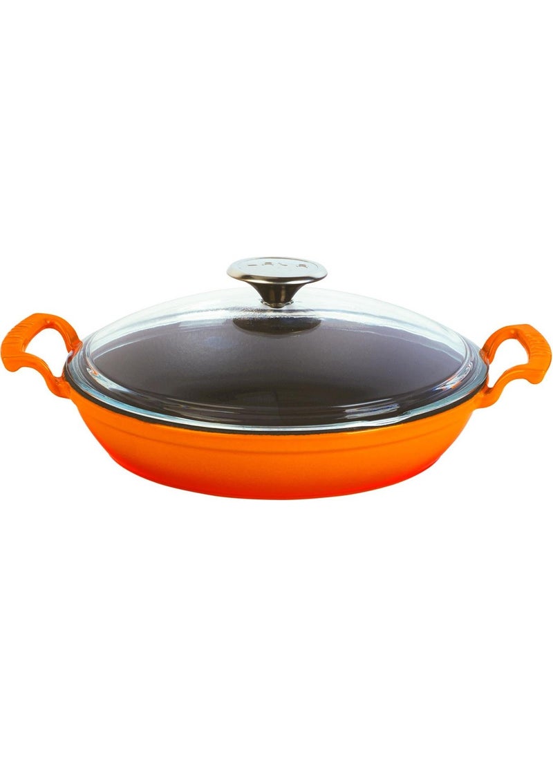 Lava Casting Round Bowl with Glass Lid, Cast Iron, Solid, Double Handled, Diameter (Ø) 24cm. - Orange  - Image 1