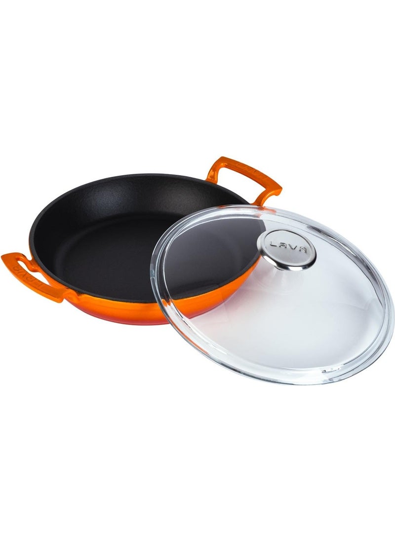 Lava Casting Round Bowl with Glass Lid, Cast Iron, Solid, Double Handled, Diameter (Ø) 24cm. - Orange  - Image 2