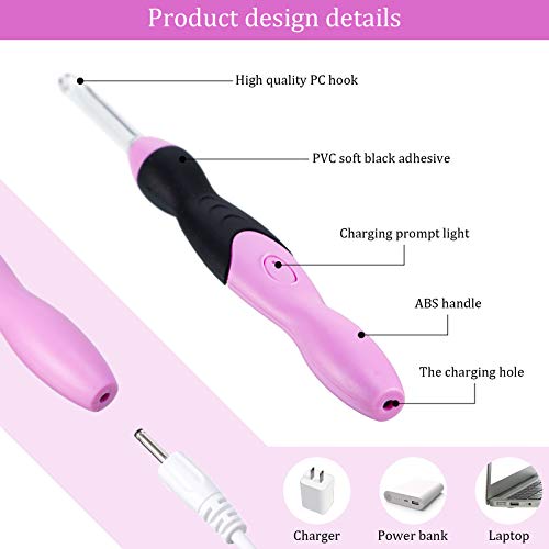 Chuangdi 11 Sizes Lighted Crochet Hooks Set Rechargeable Crochet Hook Light Up Hooks with Case, Interchangeable Heads 2.5 mm to 8 mm for DIY Craft Supplies(Pink-Black) - Image 3