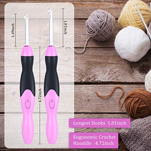 Chuangdi 11 Sizes Lighted Crochet Hooks Set Rechargeable Crochet Hook Light Up Hooks with Case, Interchangeable Heads 2.5 mm to 8 mm for DIY Craft Supplies(Pink-Black) - Image 2