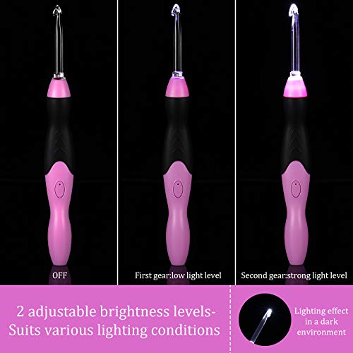 Chuangdi 11 Sizes Lighted Crochet Hooks Set Rechargeable Crochet Hook Light Up Hooks with Case, Interchangeable Heads 2.5 mm to 8 mm for DIY Craft Supplies(Pink-Black) - Image 4