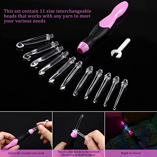 Chuangdi 11 Sizes Lighted Crochet Hooks Set Rechargeable Crochet Hook Light Up Hooks with Case, Interchangeable Heads 2.5 mm to 8 mm for DIY Craft Supplies(Pink-Black) - Image 5