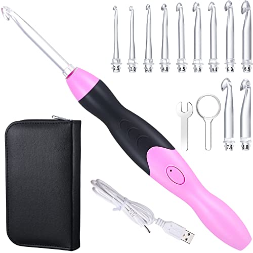 Chuangdi 11 Sizes Lighted Crochet Hooks Set Rechargeable Crochet Hook Light Up Hooks with Case, Interchangeable Heads 2.5 mm to 8 mm for DIY Craft Supplies(Pink-Black) - Image 1