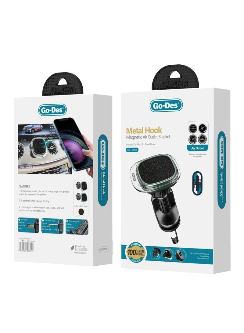 GO-DES Magnetic Air Vent Phone Holder with Metal Hook Strong Magnetic Grip and 360 Degree Rotation- Black - Image 2
