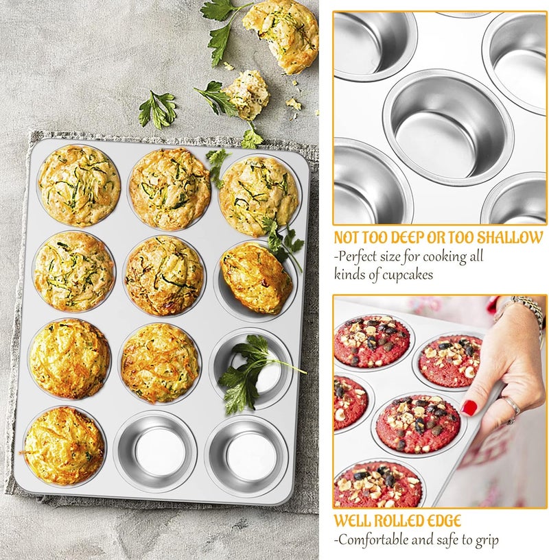 E-far Muffin Pan 12-Cup, Set of 2, Stainless Steel Cupcake Pan Metal Muffin Baking Tins for Oven, Regular Size & Easy Clean, Non-toxic & Dishwasher Safe - Image 5
