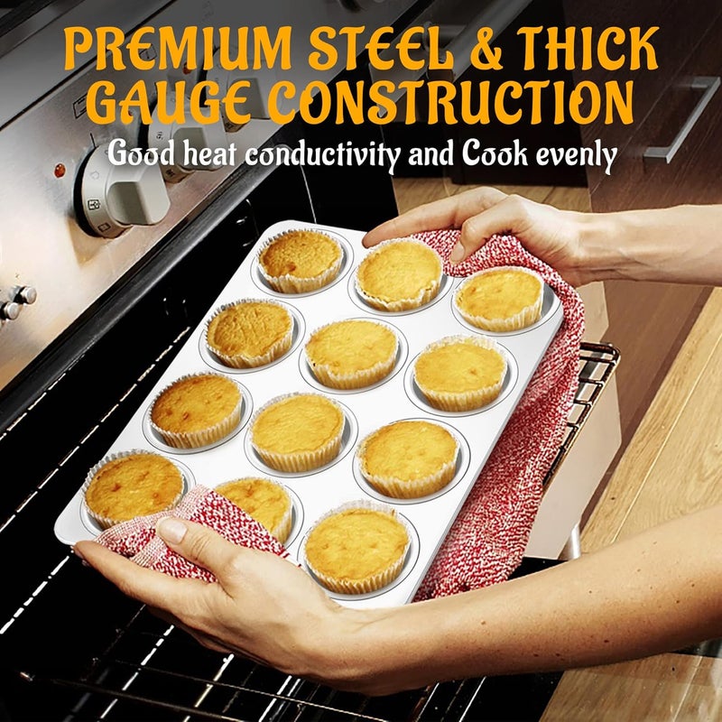 E-far Muffin Pan 12-Cup, Set of 2, Stainless Steel Cupcake Pan Metal Muffin Baking Tins for Oven, Regular Size & Easy Clean, Non-toxic & Dishwasher Safe - Image 2
