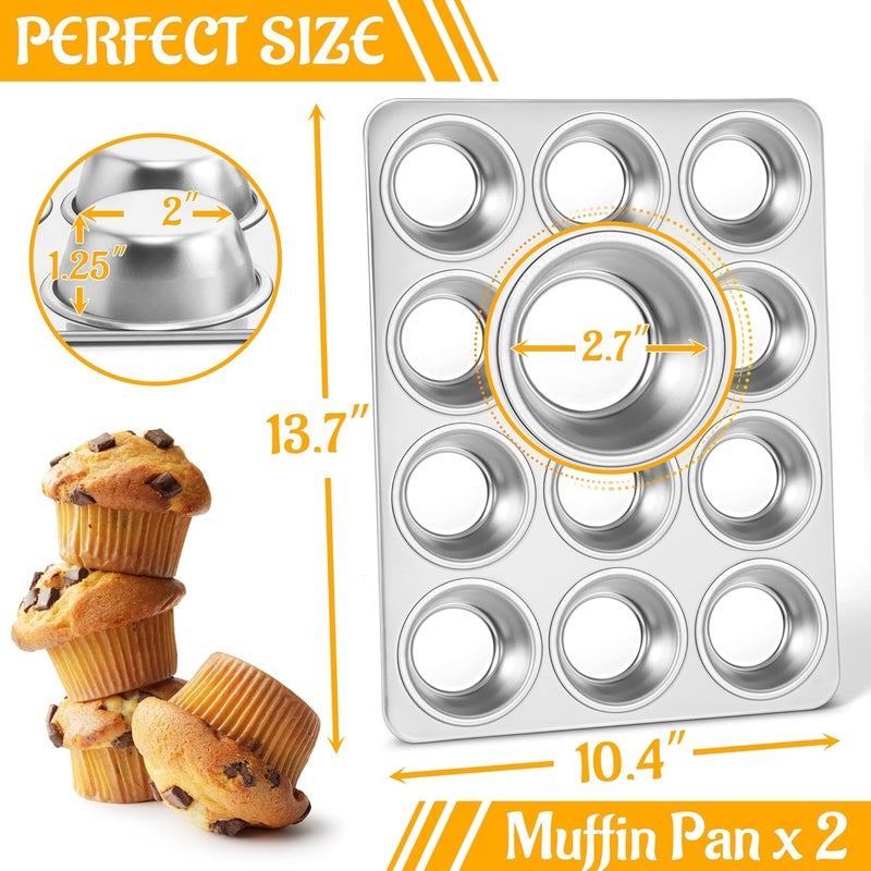E-far Muffin Pan 12-Cup, Set of 2, Stainless Steel Cupcake Pan Metal Muffin Baking Tins for Oven, Regular Size & Easy Clean, Non-toxic & Dishwasher Safe - Image 3