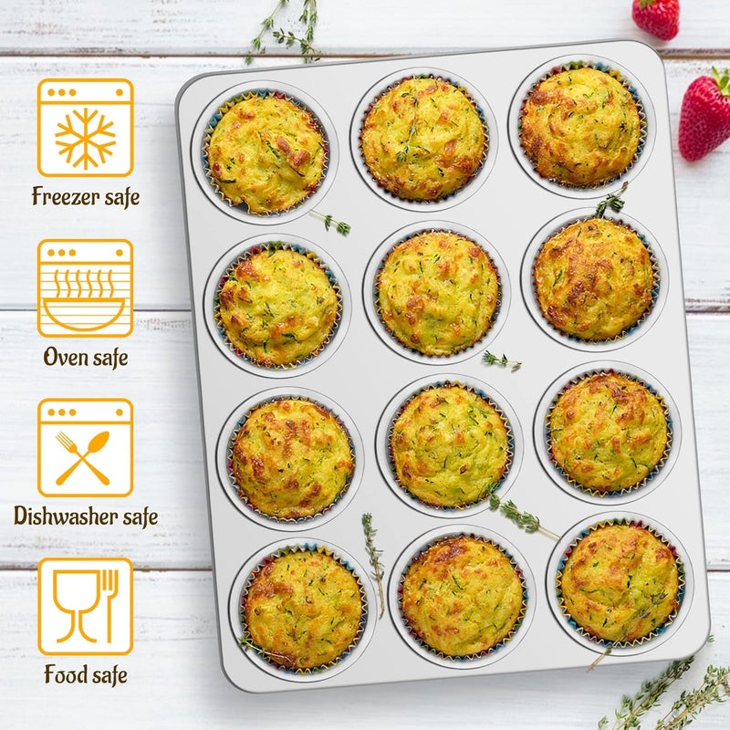 E-far Muffin Pan 12-Cup, Set of 2, Stainless Steel Cupcake Pan Metal Muffin Baking Tins for Oven, Regular Size & Easy Clean, Non-toxic & Dishwasher Safe - Image 4