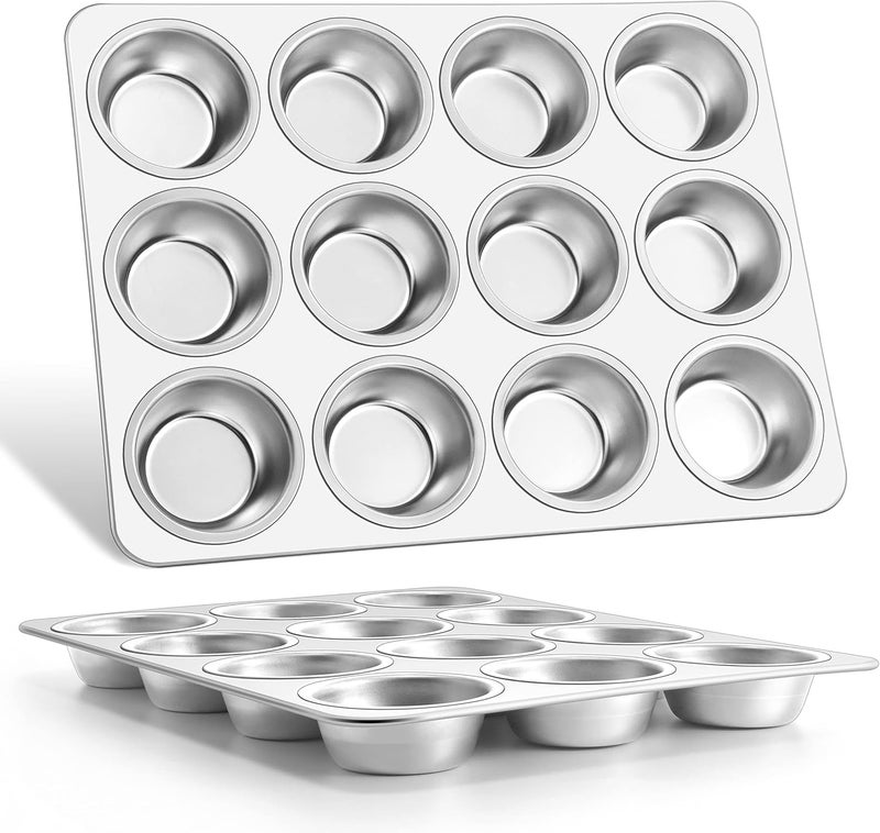 E-far Muffin Pan 12-Cup, Set of 2, Stainless Steel Cupcake Pan Metal Muffin Baking Tins for Oven, Regular Size & Easy Clean, Non-toxic & Dishwasher Safe - Image 1
