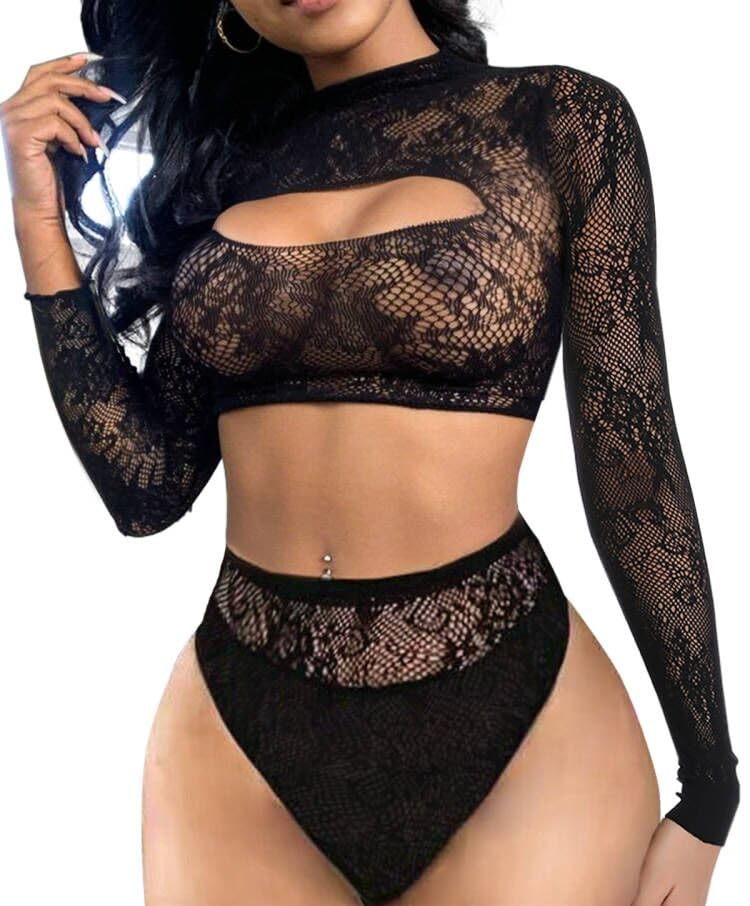 Buitifo Women Lingerie Set Front Open Bodysuit Sexy Nightwear Pajamas Set（Black T90A,M - Image 1