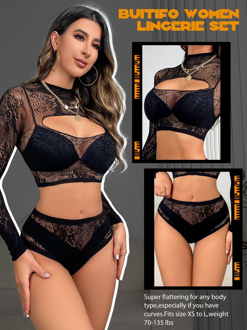 Buitifo Women Lingerie Set Front Open Bodysuit Sexy Nightwear Pajamas Set（Black T90A,M - Image 2