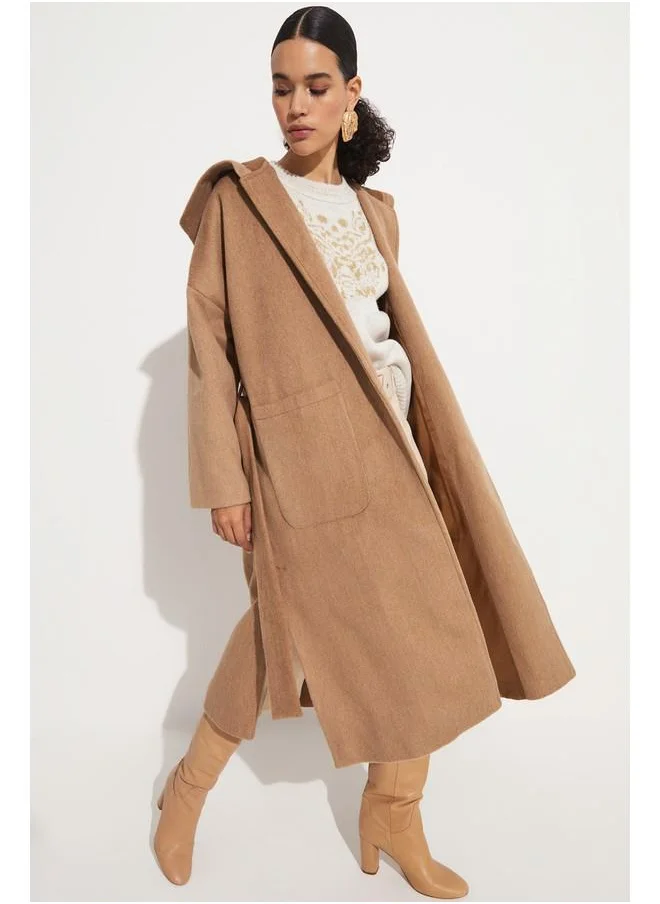 جون June Hooded Detailed Coat Tan