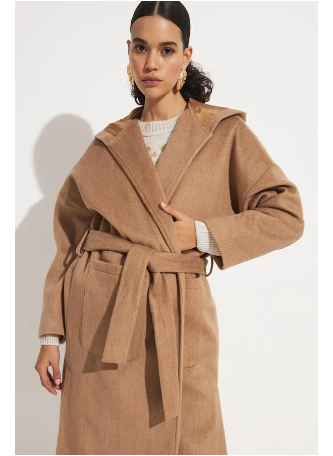 جون June Hooded Detailed Coat Tan