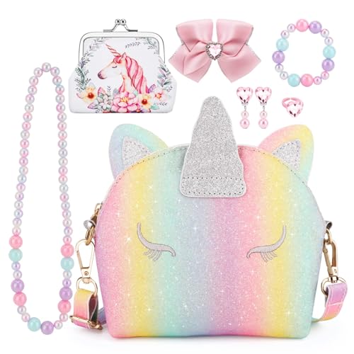 JYPS 7PCS Toddler Purse for Girl Girls Wallet with Pretend Play Toys Princess Toys with Kids Dress Up Jewelry Set Rainbow Unicorn - Image 1