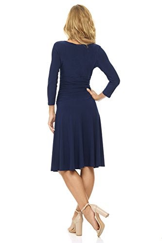 Rekucci Women's Slimming 3/4 Sleeve Fit-and-Flare Crossover Tummy Control Dress (12, Navy) - Image 3