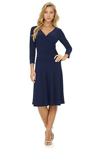Rekucci Women's Slimming 3/4 Sleeve Fit-and-Flare Crossover Tummy Control Dress (12, Navy) - Image 1