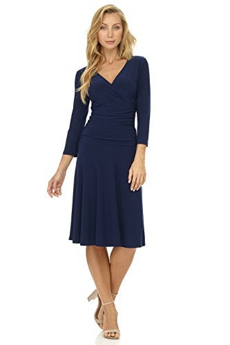 Rekucci Women's Slimming 3/4 Sleeve Fit-and-Flare Crossover Tummy Control Dress (12, Navy) - Image 4