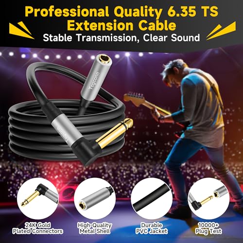 Togconn 0.6 Feet Right Angle 1/4 inch TS Extension Cable 2-Pack, 6.35mm 1/4" TS Male to Female Mono Adapter Jack，Quarter inch Headphone Guitar Extension Cable, Hi-Fi Sound, Gold Plated Connectors - Image 2