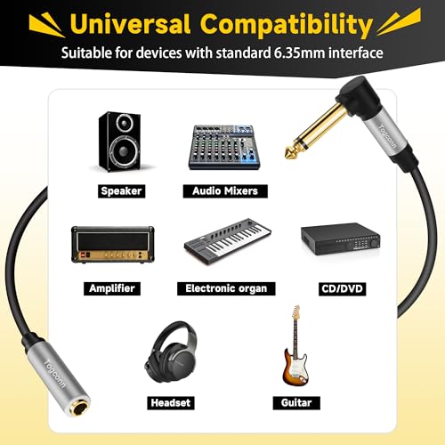 Togconn 0.6 Feet Right Angle 1/4 inch TS Extension Cable 2-Pack, 6.35mm 1/4" TS Male to Female Mono Adapter Jack，Quarter inch Headphone Guitar Extension Cable, Hi-Fi Sound, Gold Plated Connectors - Image 4