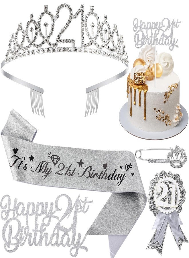 Solsew 21st Birthday Decorations for Her, Including 21st Birthday Sash, Corsage, Rhinestone Tiara Crown, Badge Pin, Cake Toppers 21 Year Old Gifts for Her(Silver) - Image 1