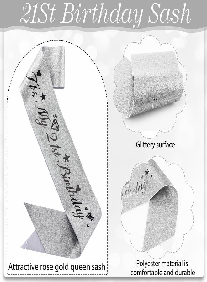 Solsew 21st Birthday Decorations for Her, Including 21st Birthday Sash, Corsage, Rhinestone Tiara Crown, Badge Pin, Cake Toppers 21 Year Old Gifts for Her(Silver) - Image 3